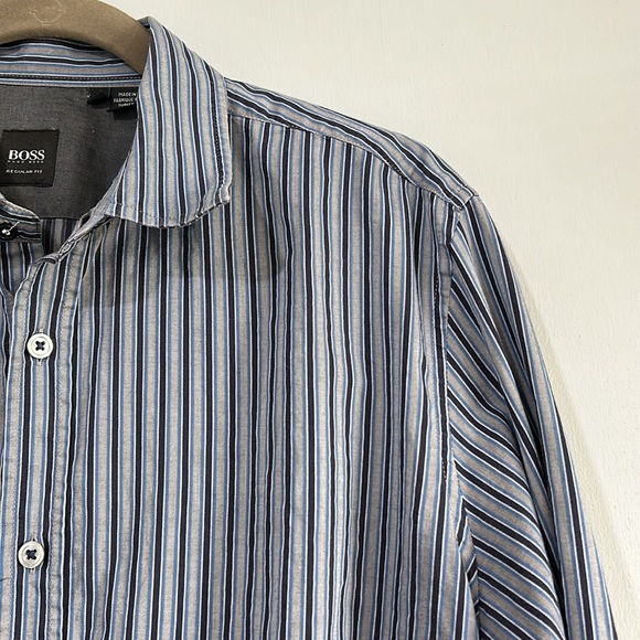 HUGO BOSS MENS CLASSIC FIT BUTTON UP DRESS SHIRT GREY NAVY LINES SIZE LARGE - Picture 7 of 12
